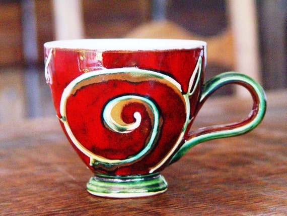 Christmas Gift - Red and Green Pottery Coffee Mug - Handmade Ceramic Cup - Unique Cute Teacup - Ceramic Fun Gift - Artistic Pottery