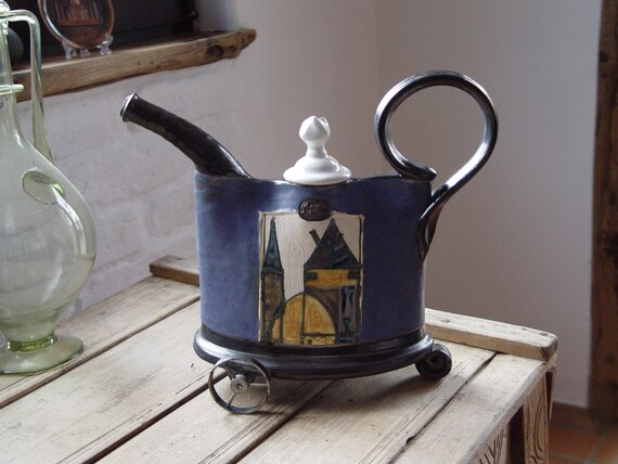 Blue Decorative Pitcher with Iron Elements, Pottery Teapot, Wedding Gift, Home Decor, Ceramic Art, Anniversary Gift, DankoPottery