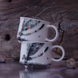 Handmade Stoneware Dragonfly Coffee Mug Unique Teacup 300ml Wheel Thrown Pottery Danko Artistic Mug White Black Orange Gift Mug image 10