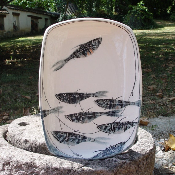 Discount Handpainted Stoneware Tray with Fish - Rectangular Pottery Platter with Cosmetic Defect - Ceramic Home Decor - Durable Fruit Plate