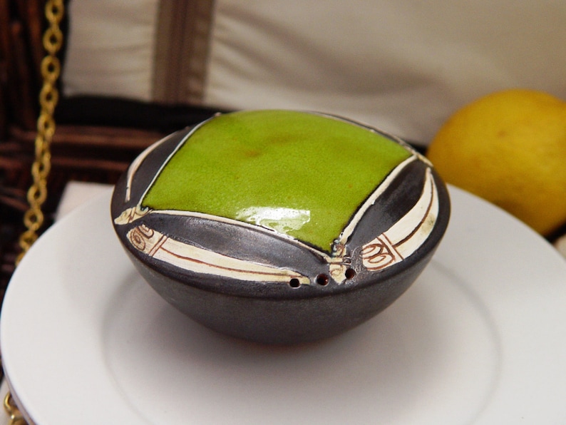 Danko Handmade and Hand Painted Pottery Accessories Unique Earthen Shaker Green Ceramic Salt Shaker Salt Box Pottery Pepper Shaker