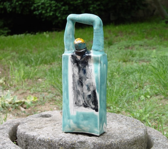 Unique Stoneware Bottle with Handpainted Abstract Design and Cork Stopper - Ceramic Pitcher - Handmade Clay Carafe - Decanter - Art Gifts
