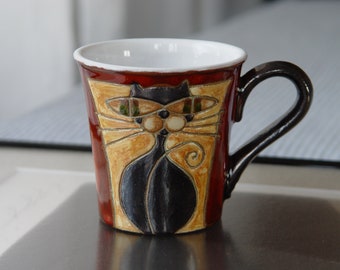 Christmas Gift - Small Pottery Coffee Mug, Black Cat Mug, Red Mug with Unique Hand Painted Decoration, Cute Cat Lover Mug, Artistic Teacup