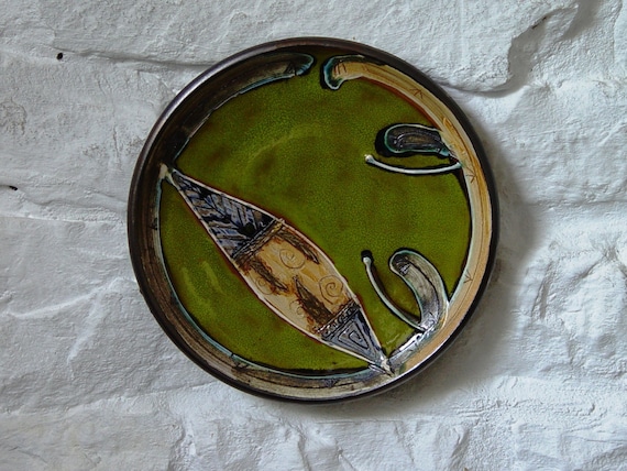 Hand Painted Green Ceramic Plate | Wheel Thrown Pottery Decor | Mantlepiece & Wall Hanging | Unique Art by Danko Ceramics