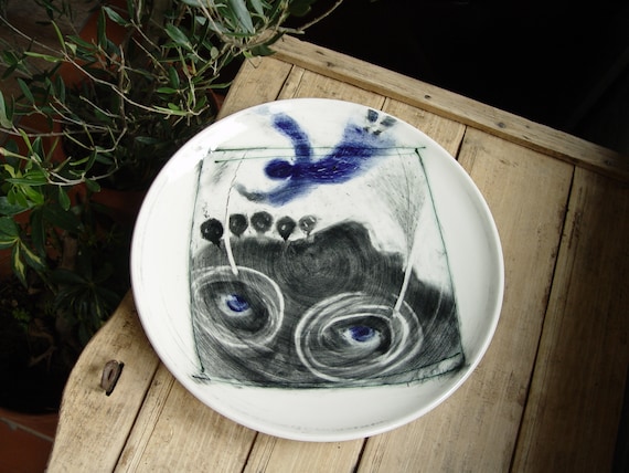 Handmade Stoneware Platter - Wall Hanging Painted Ceramic Tray - Unique Illustration Pottery - Serving Dish - Single Copy Pottery Plate