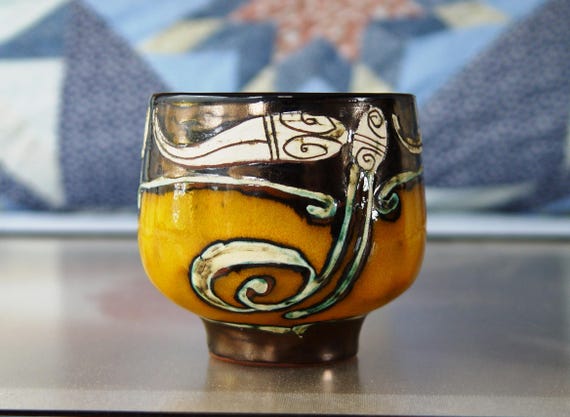 Handmade Ceramic Tumbler - 330 ml (11 oz), Matte & Glossy Finish, Orange, Black, White, Ochre