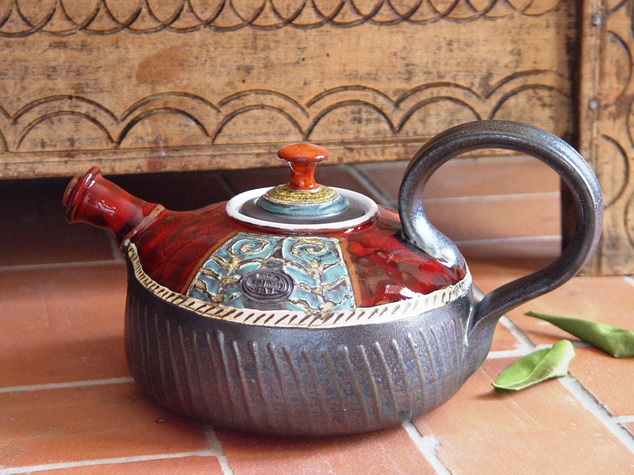 Red Pottery Teapot with Handpainted Roses Fine Art Tea Set for Christmas Bright Red Handmade