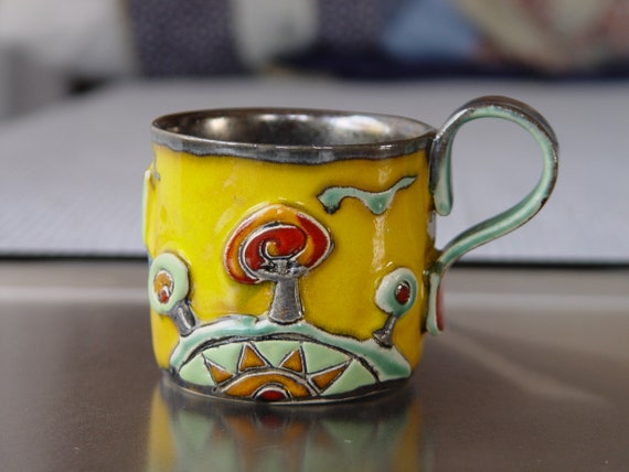 Handbuilt Ceramic Mug, Pottery Stoneware Cup, Colorful Tea or Coffee Cup, Collectible Pottery, Cute Mug, Bright Colored Slab Pottery