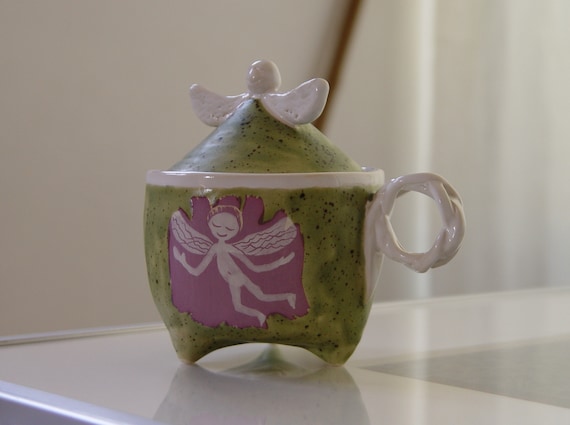 Handmade Stoneware Sugar Bowl with an Angel - Lidded Pottery Kitchen Canister - Sugar Basin - Clay Sugar Cellar - Sugar box - Winged Angel