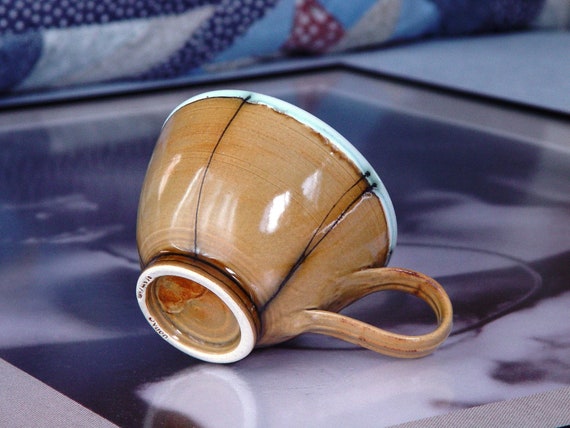 Handmade Stoneware Coffee Mug - Wheel Thrown Ceramic Cup - Delicate White, Ochre, Black & Green Pottery Mug