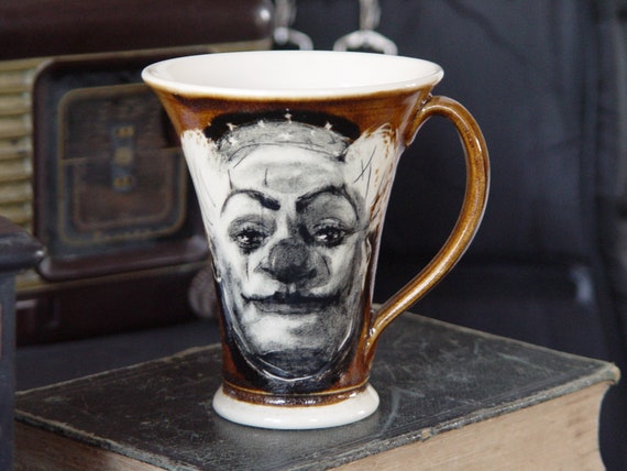Handmade Stoneware Clown Mug - Unique Ceramic Coffee Cup, Halloween Art, Elegant Pottery Teacup - Copper, Black, White - 13 oz Capacity