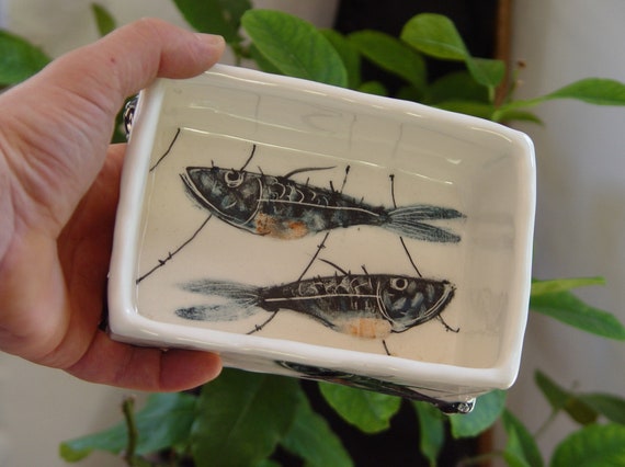 Japanese Style Handpainted Ceramic Tray with Fish - Unique Wedding Gift - Decorative Dish in White, Black, Blue, Orange - Home Decor