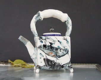 Handpainted Fish Square Teapot - Unique Ceramic Art for Tea Lovers - Black White Blue Orange - Handmade in Bulgaria