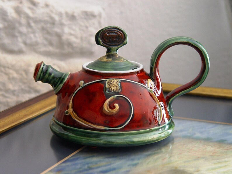 Handmade Ceramic Teapot for One Danko's Artistic Pottery Christmas Gift Small Clay Tea Pot Red, Green, White Colors 400ml Capacity image 6