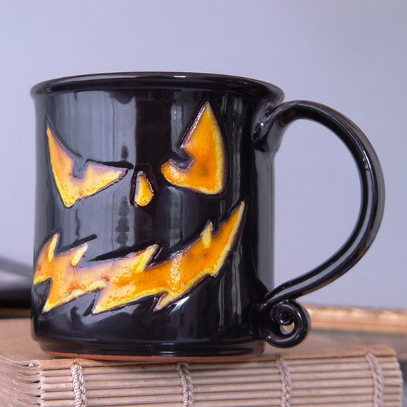 Handmade Grumpy Pumpkin and Bat Halloween Mug - 20 oz Ceramic Coffee Cup - Funny Jack O' Lantern Gift - Cute Fall Decor