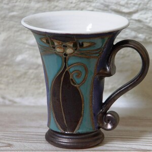 Handmade Cat Mug Unique Pottery Coffee Mug Christmas Gift Blue Ceramic Mug Ready to Ship Kitchen & Dining Decor image 7