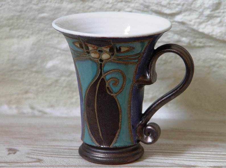 Handmade Cat Mug Unique Pottery Coffee Mug Christmas Gift Blue Ceramic Mug Ready to Ship Kitchen & Dining Decor image 7