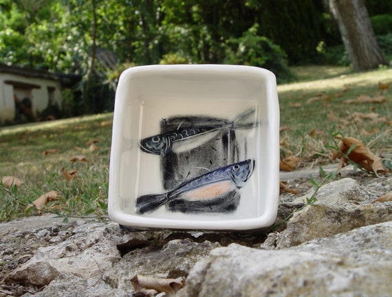 Handpainted Porcelain Tray with Mackerel Fish - Multi-Use Dish for Tapas, Fruit, and More! | Ceramic Art Gift Bowl