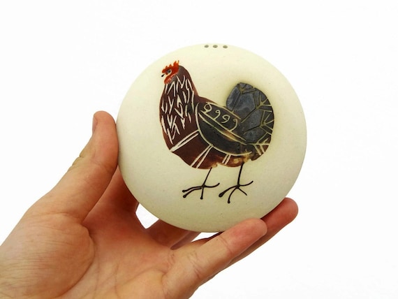 Hand Painted Stoneware Salt Shaker with Rooster Painting, Danko - Rustic Kitchen Decor, Farmhouse Pottery, Matte Finish