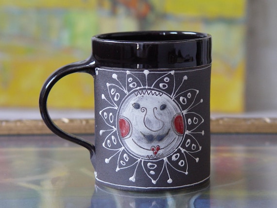 Large Stoneware Mug, Pottery Coffee Mug, Ceramic Tea Mug, Handmade Mug, Black Hand Painted Mug, Wheel Thrown Mug with a Drawing of a Sun