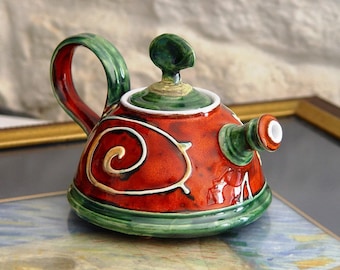 Handmade Ceramic Teapot for One - Danko's Artistic Pottery | Christmas Gift | Small Clay Tea Pot | Red, Green, White Colors | 400ml Capacity