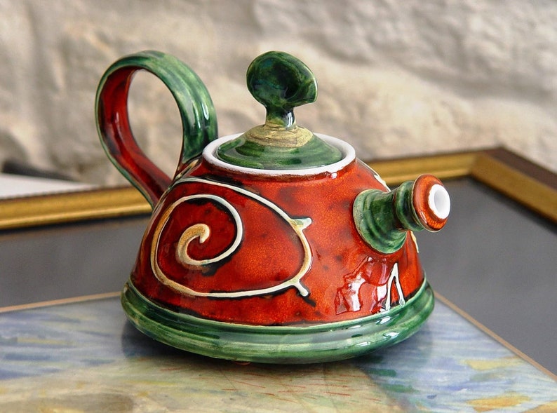 Handmade Ceramic Teapot for One Danko's Artistic Pottery Christmas Gift Small Clay Tea Pot Red, Green, White Colors 400ml Capacity image 1