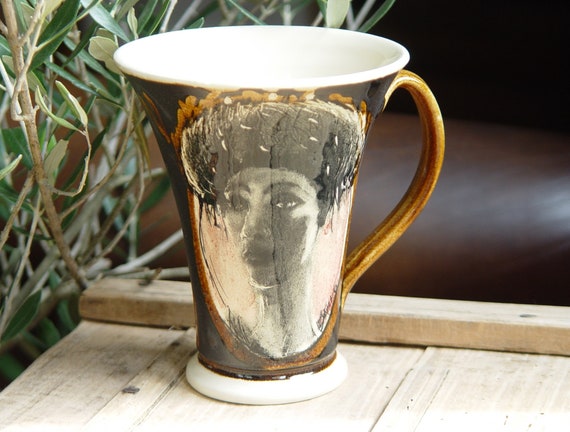 Handmade Stoneware Mug - Coffee Cup Portrait of a Woman - Belle Epoque Mug - Unique Handcrafted Pottery - Book Illustration - Durable Mugs