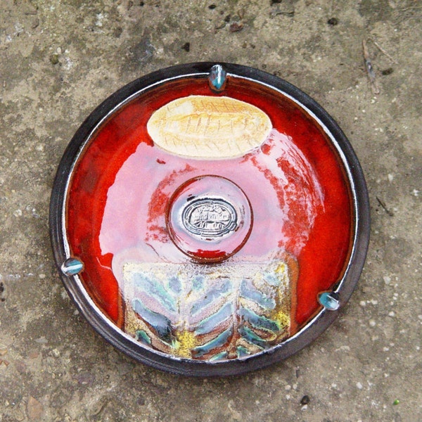 Colorful Ceramic Ash Tray - Handmade Pottery - Unique Wheel Thrown Smoking Tray - Christmas Gift - Home Decor - Red, Green, Beige Colors