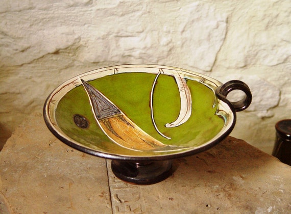 Green Pottery Bowl with Leg, Wedding gift, Ceramic Fruit bowl, Pottery Table Centerpiece, Wheel Thrown Ceramic Bowl, Danko Pottery
