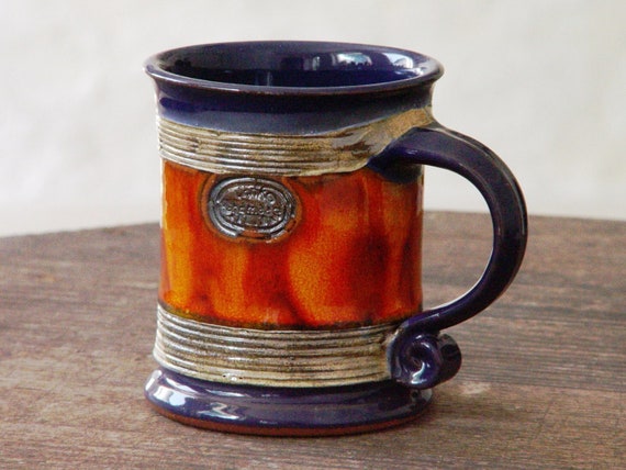 Handmade Pottery Mug | Unique Earthen Coffee Cup | Danko Ceramics | Orange & Indigo Blue | Kitchen Tableware Gift | Choose Your Size