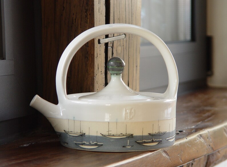 Ocean Theme Stoneware Teapot Handmade Ceramic Yacht Tea Kettle Unique Pottery Danko Durable Artistic Gift for Home & Living image 3