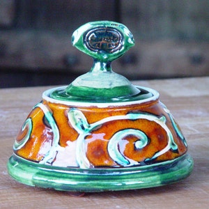 Handmade Danko Pottery Sugar Bowl Orange, Green, White Ceramic Home & Living Kitchen Decor Perfect Gift image 2