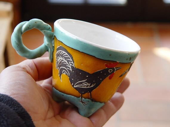 Handbuilt Ceramic Coffee Mug with a Rooster, Pottery Stoneware Mug, Colorful Tea Cup, Unique Collectible Pottery, Cute Mug