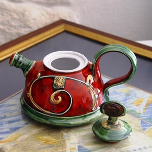 Handmade Ceramic Teapot for One Danko's Artistic Pottery Christmas Gift Small Clay Tea Pot Red, Green, White Colors 400ml Capacity image 7