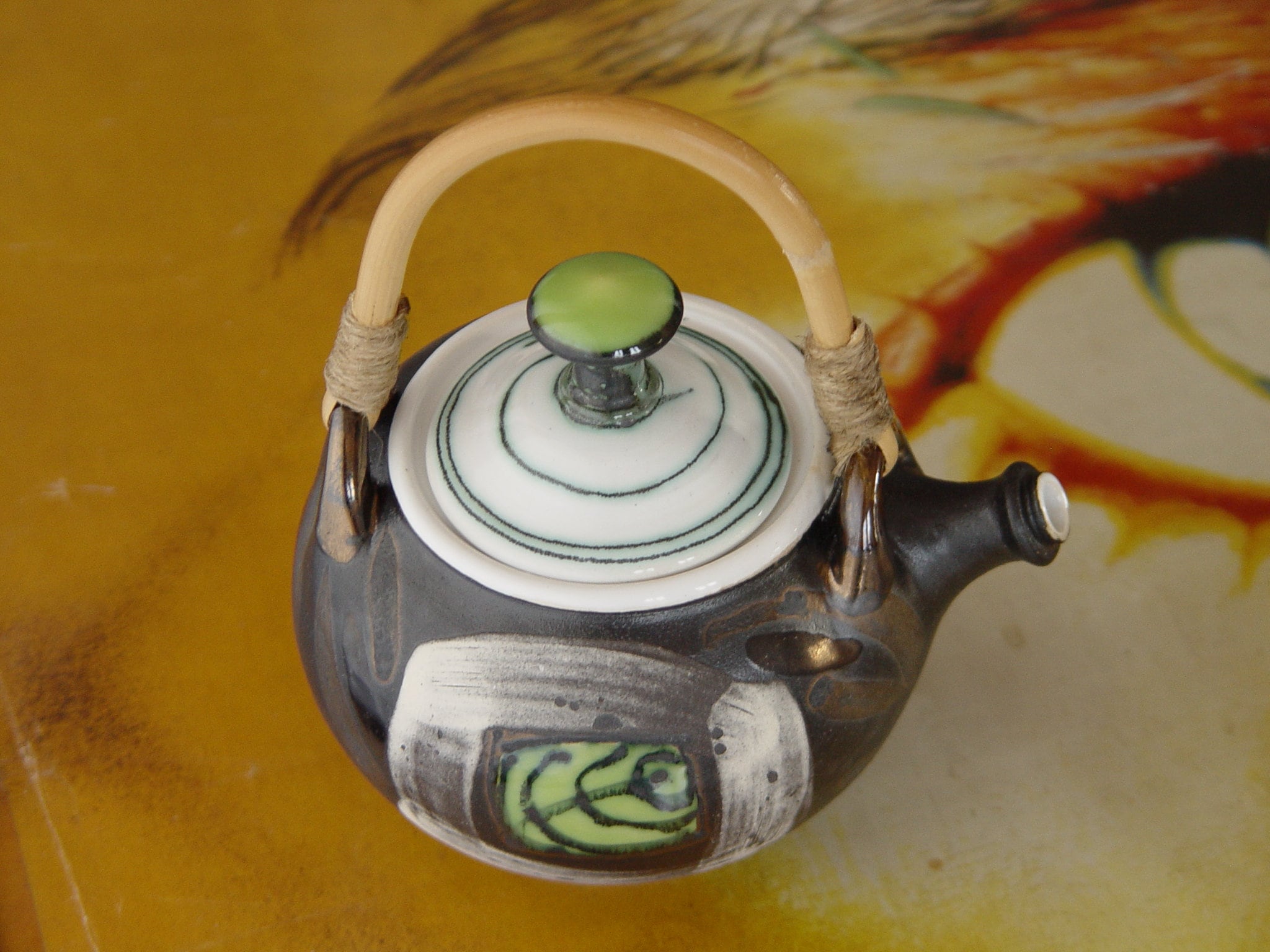 Cute Stoneware Teapot with Wicker Handle - Small Wheel-thrown Ceramic Kettle  - Black Green Tea Pot - Artistic Pottery - Handmade Clay Art