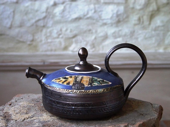 Ceramic Teapot - Handmade Danko Pottery | Blue, White, Grey, Ochre | Unique Artisan Pot | Home & Living Kitchen Decor