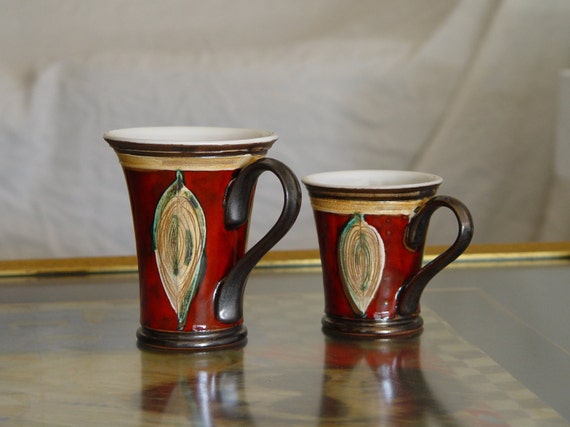 Handmade Red Ceramic Mug - Folklore Motifs - Unique Pottery Teacup - Christmas Gift - Danko Pottery