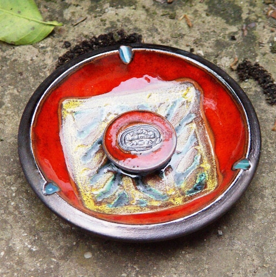 Hand-Painted Red Ceramic Ash Tray - Decorative Pottery Smoking Tray - Colorful Home Decor - Ready to Ship - Great Gift for Any Occasion