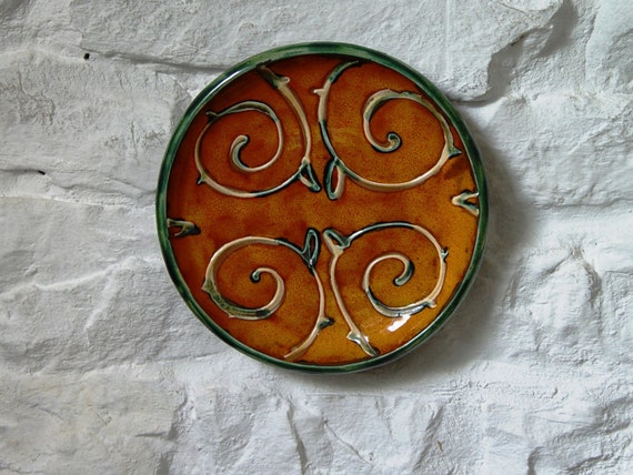 Orange Wall Hanging Plate, Ceramic Wall Decor, Wheel Thrown Hand Painted Pottery Tray, Fireplace Decor, Unique Art Pottery, Danko Ceramics