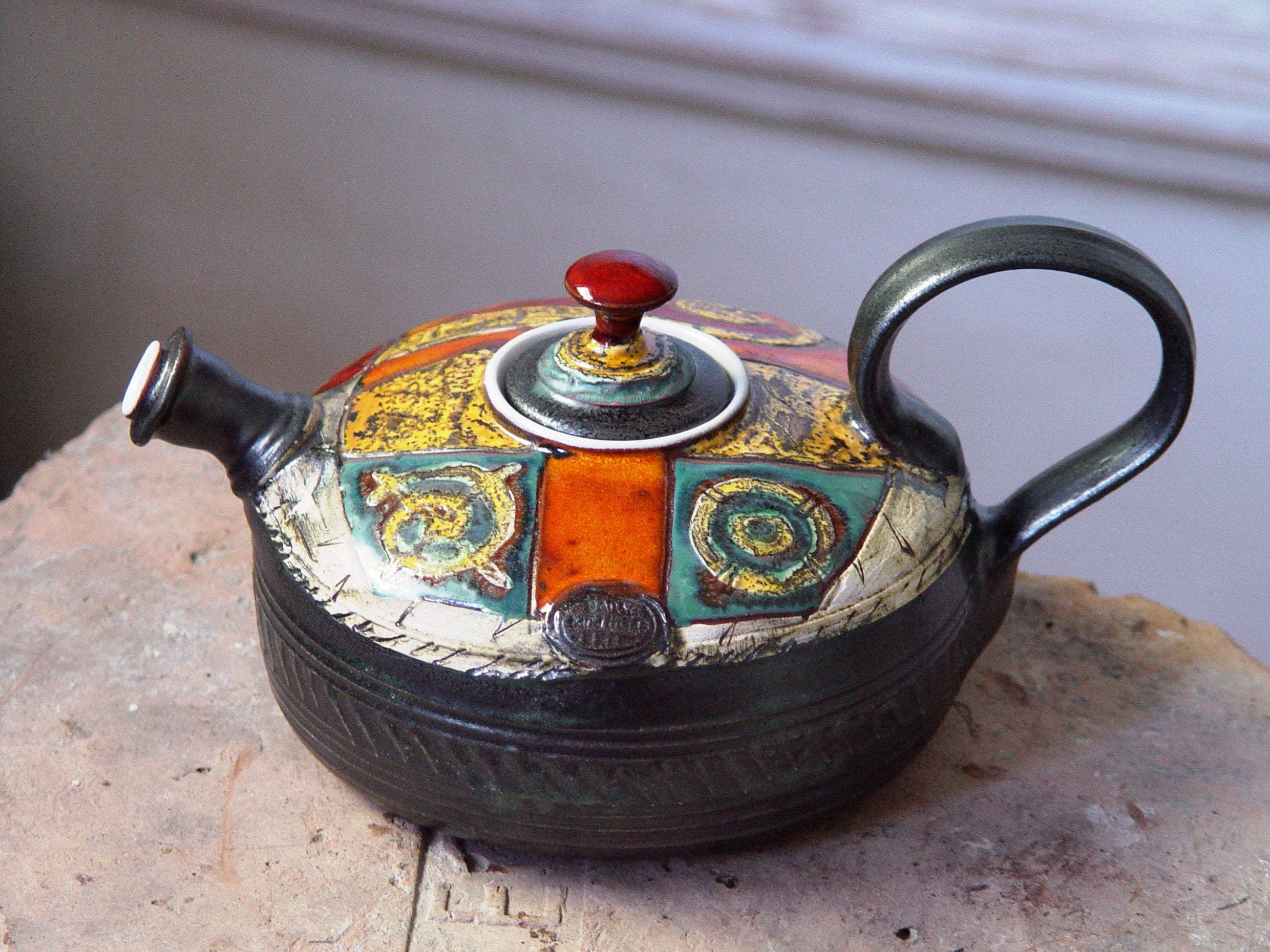 Handmade Colorful Pottery Teapot Matte Finish Fine Art Table Decor