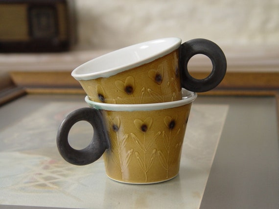 Handpainted Floral Stoneware Cup - Danko Pottery Unique Espresso Mug, Brown White Colors, 150ml, Kitchen & Dining Decor