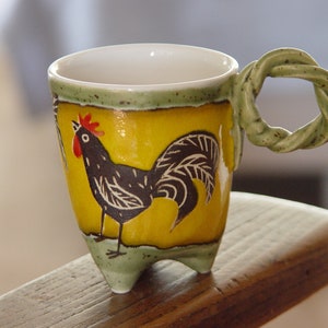 Handbuilt Ceramic Mug with a Rooster, Pottery Stoneware Cup for Kids, Colorful Tea or Coffee Cup, Collectible Pottery, Cute Animal Mugs