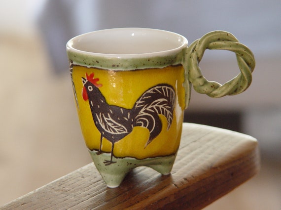 Handbuilt Ceramic Mug with a Rooster, Pottery Stoneware Cup for Kids, Colorful Tea or Coffee Cup, Collectible Pottery, Cute Animal Mugs