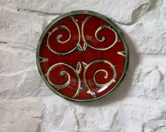 Christmas Gift - Handmade Wall Hanging Ceramic Plate with Floral Decoration - Unique Artistic Pottery - Red and Green - 5.5in, 7in, and 9in