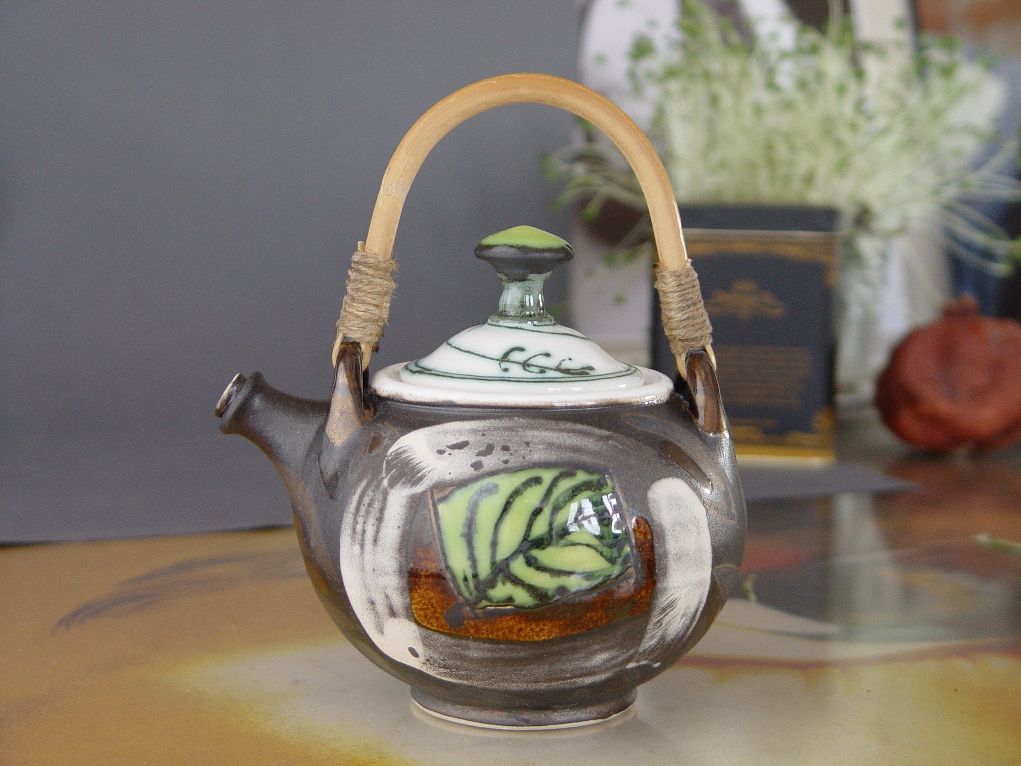 Cute Stoneware Teapot with Wicker Handle - Small Wheel-thrown