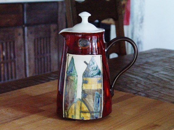 Handmade Pottery Pitcher with Lid - Unique Ceramic Ewer for Christmas, Kitchen Decor - Wheel Thrown Clay Jug in Red, Blue, and Ochre Colors