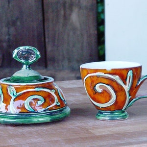 Handmade Danko Pottery Sugar Bowl Orange, Green, White Ceramic Home & Living Kitchen Decor Perfect Gift image 4