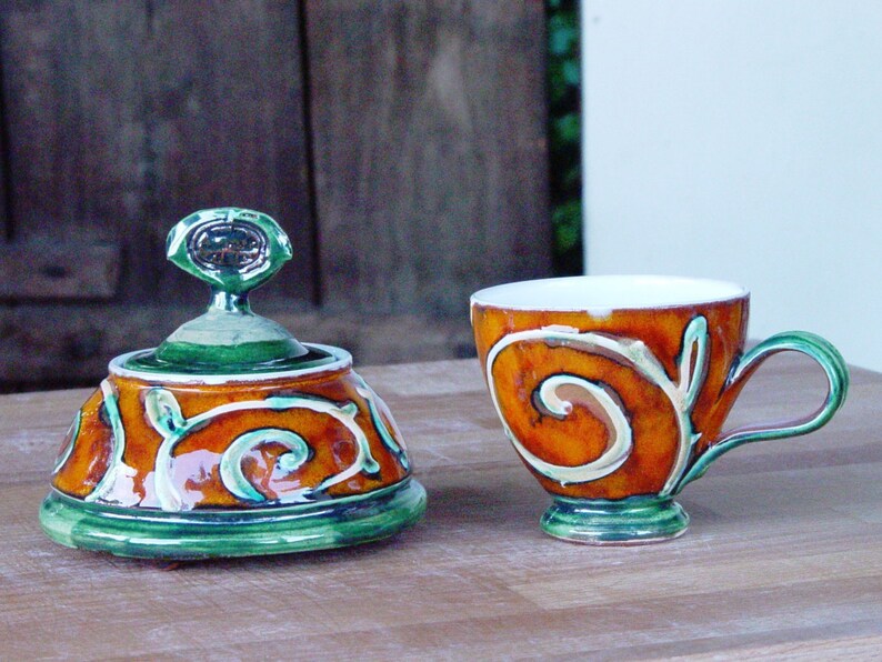 Handmade Danko Pottery Sugar Bowl Orange, Green, White Ceramic Home & Living Kitchen Decor Perfect Gift image 4