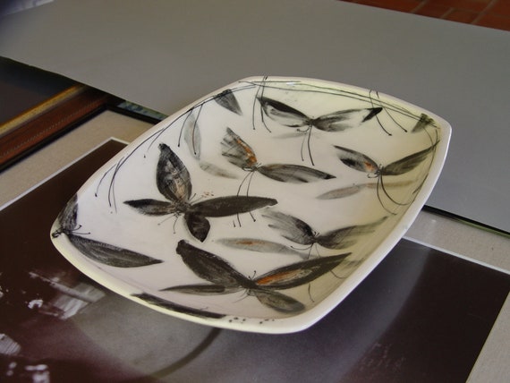 Handpainted Stoneware Tray with Butterflies - Durable Ceramic Platter - Table Centerpiece - Home Decor - Gift Ideas