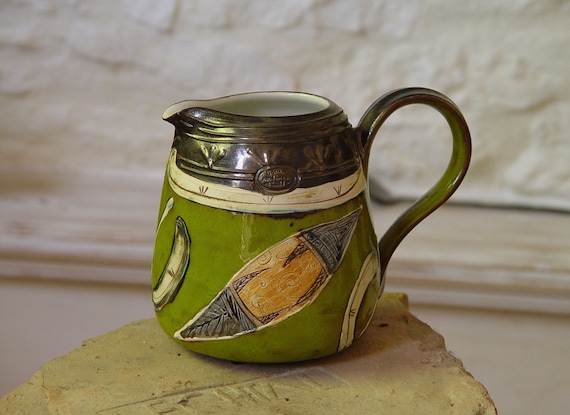 Handmade Danko Art Pottery Water/Wine Pitcher - Unique Ceramic Jug in Green, Gray, Ochre, Blue, Beige - Living, Kitchen Decor - 1100ml/37 oz